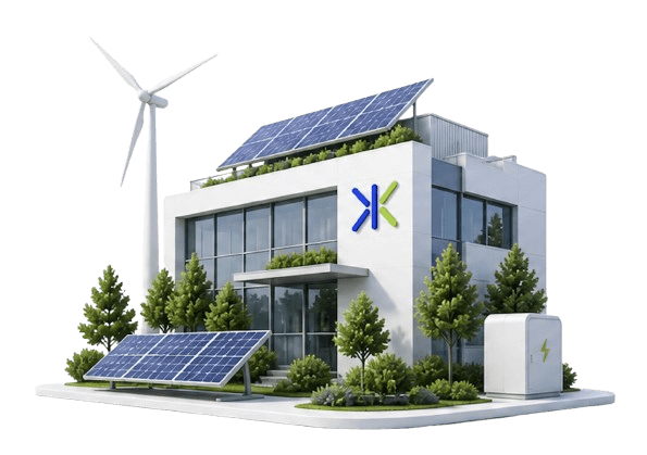 Bâtiment moderne avec panneaux solaires, éolienne et végétation — Kopeev